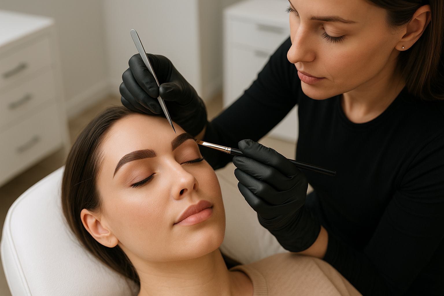 a woman is getting her eyebrows makeup done 